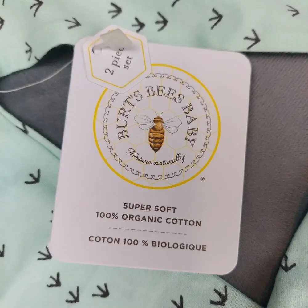 Burt's Bees One Piece Organic Cotton Romper With Hat Set Teal & Gray Size 6-9M